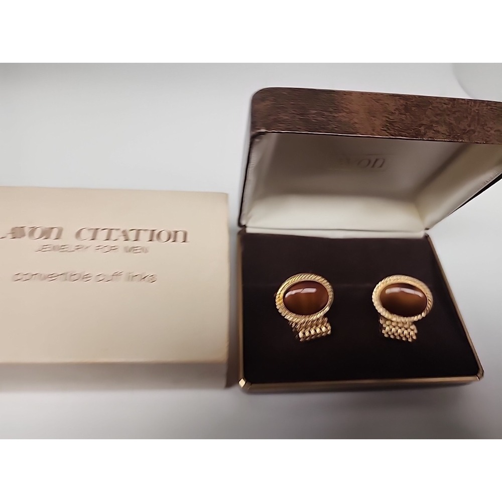 Avon Convertible Cuff Links Citation Brown Glass New Old Stock